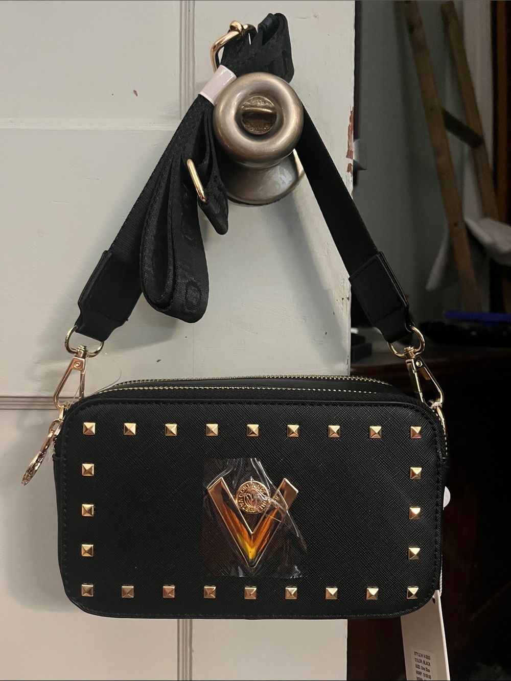 Valentino Orlandi Black Crossbody Bag with Gold Studs and V Emblem